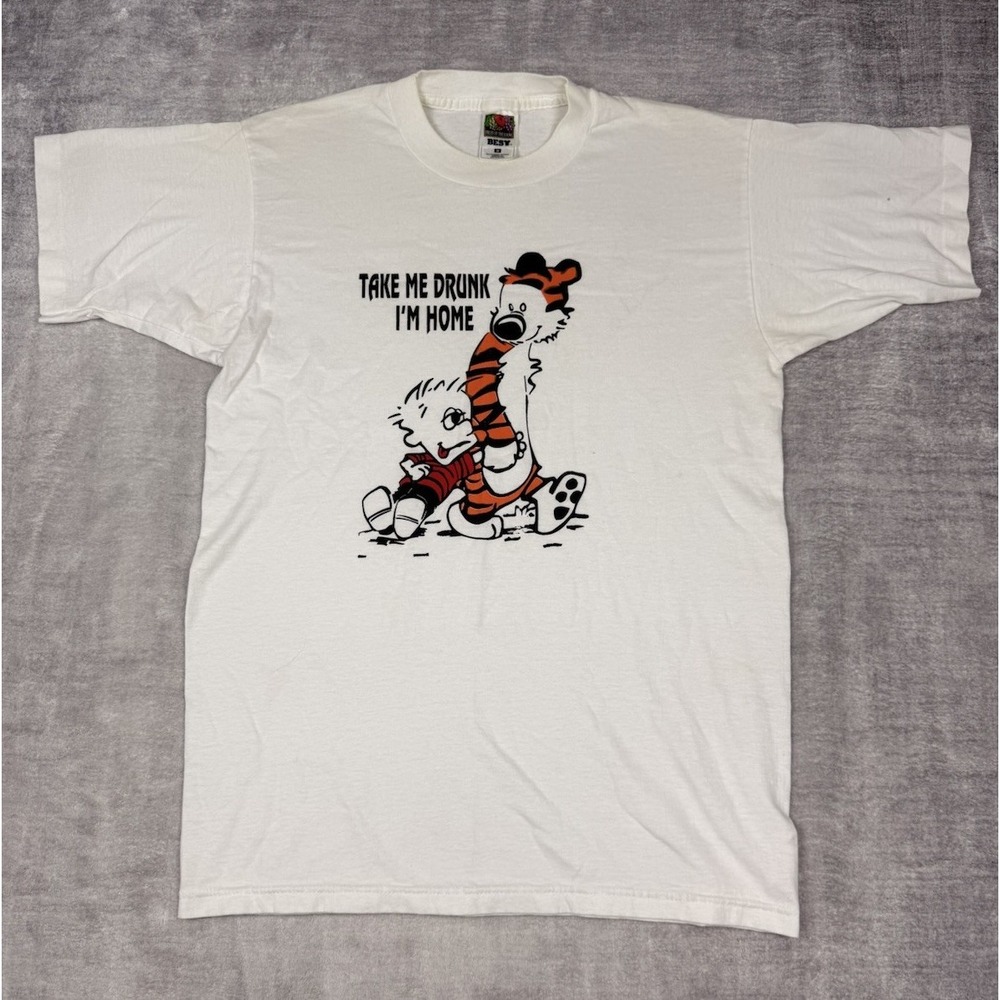 Fruit of the Loom White T‑Shirt with Black and Orange Calvin & Hobbes Graphic